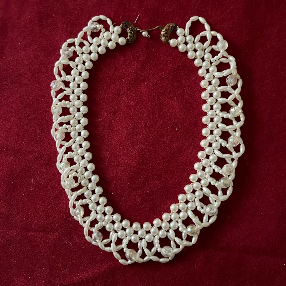 Vintage Pearl/Clear Crystal Beaded Choker Necklace 15”
